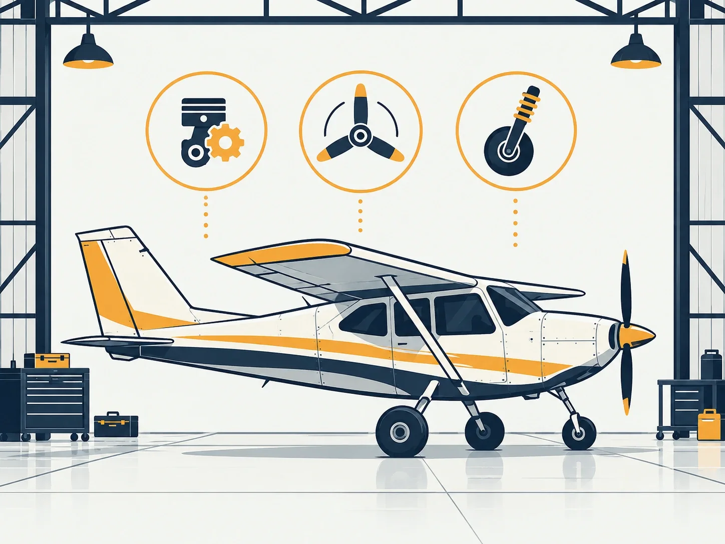 Illustration of a small aircraft in a hangar with upgrade badges around it