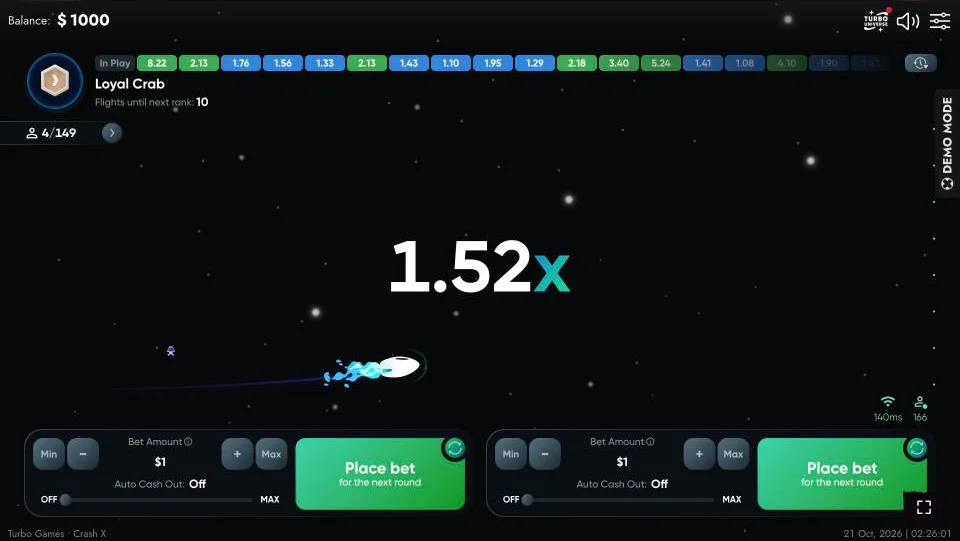 Crash X round with the multiplier line at 1.8x against a dark space background