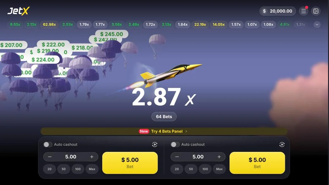 JetX round in progress with the jet at 3.4x and three bet panels below