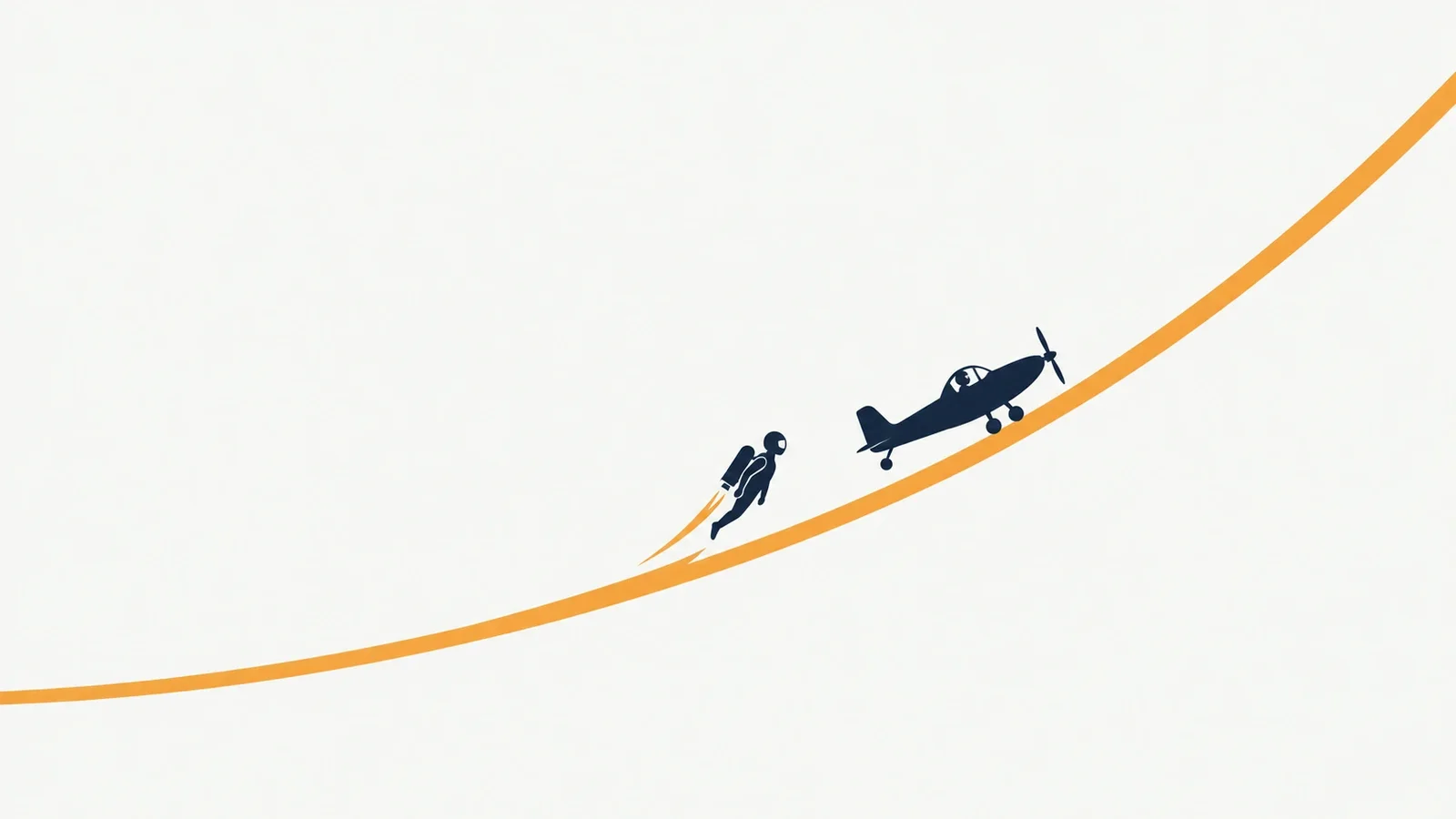 Illustration of a jetpack figure and a small plane climbing the same multiplier curve