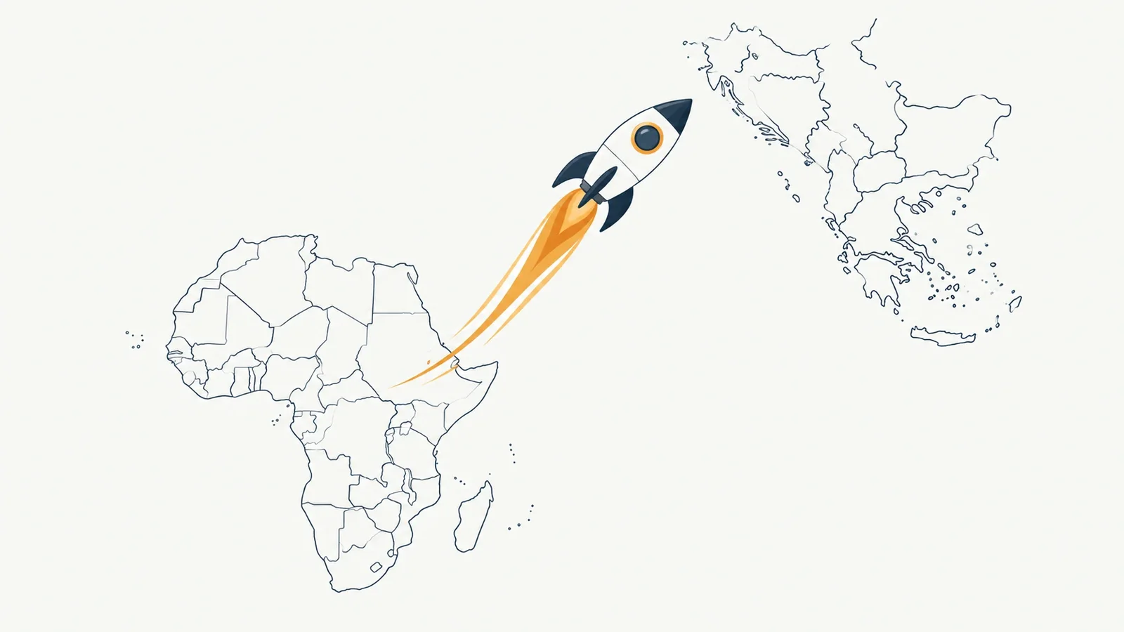 Illustration of a cartoon rocket rising over a stylised map outline of Africa and the Balkans