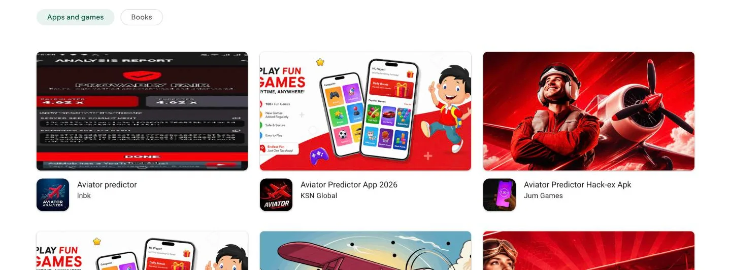Google Play search results for aviator predictor, a row of predictor apps that cannot predict anything