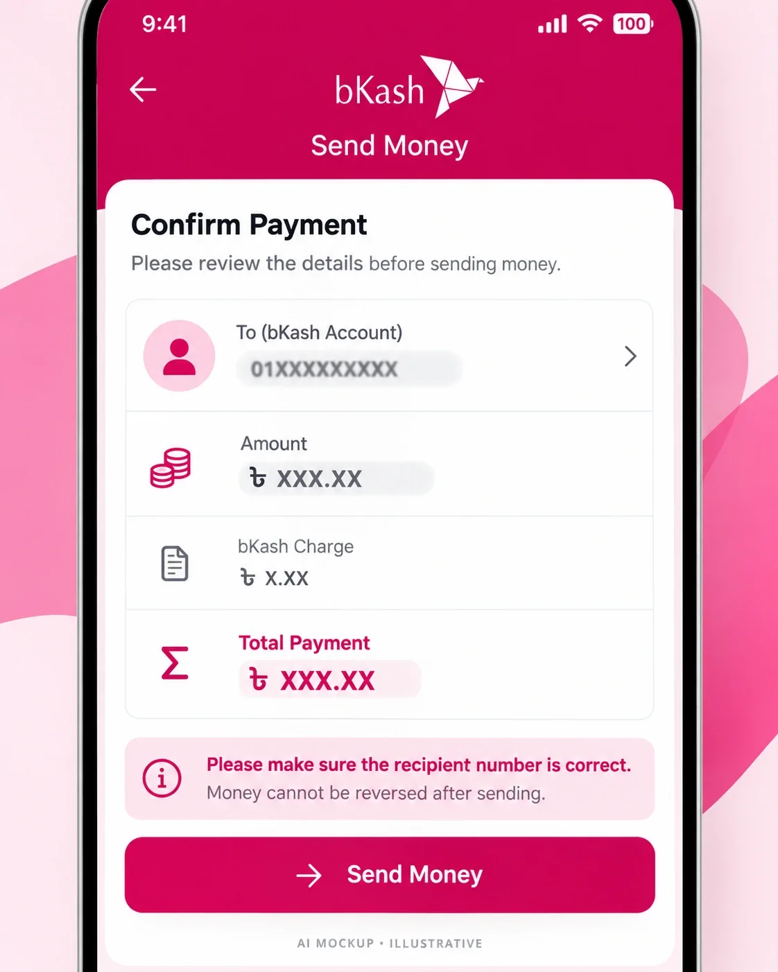 bKash Send Money screen used to fund a casino account