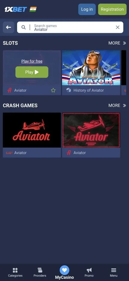 1xBet India Aviator game page with the Play and Demo buttons