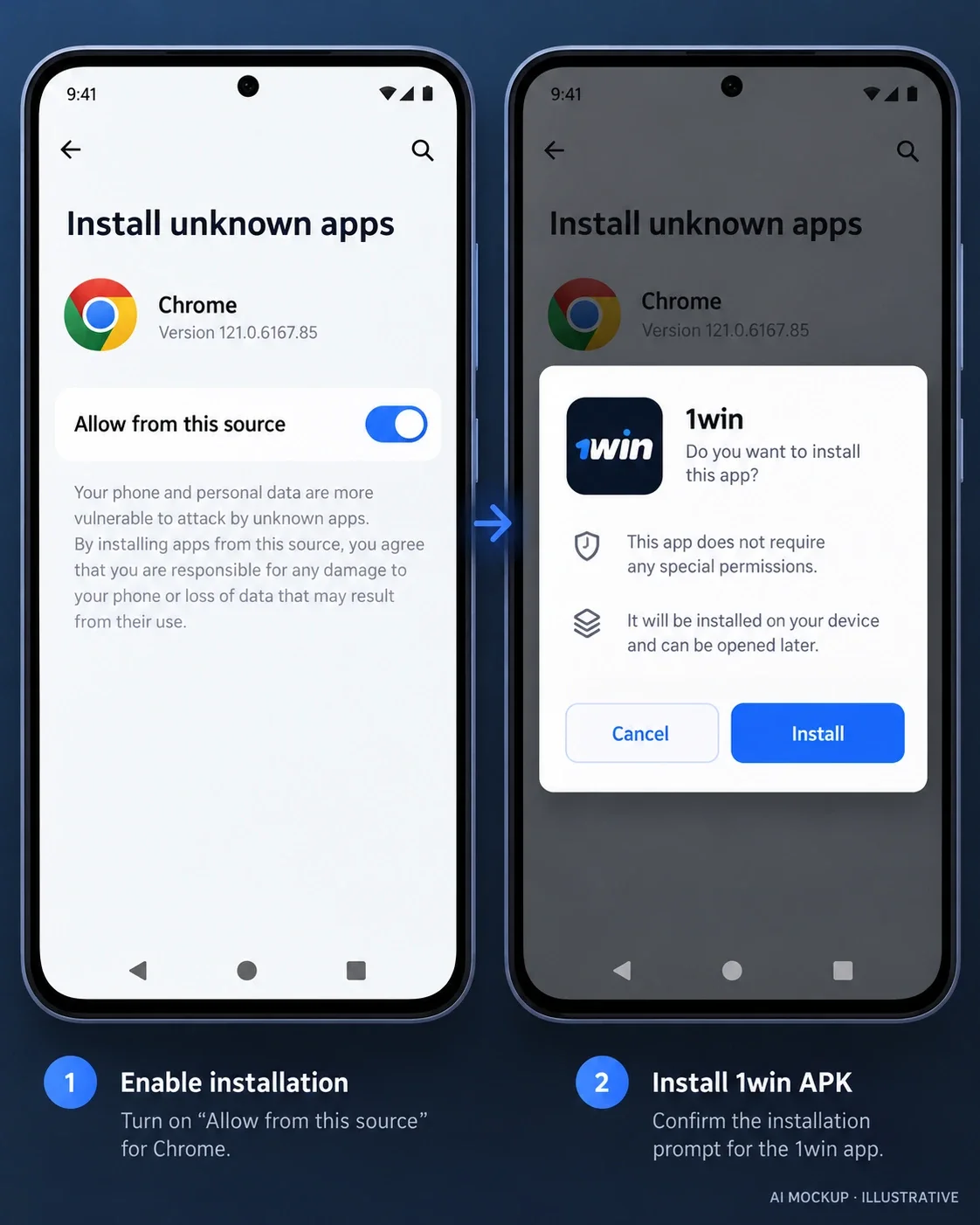 Android install prompt for a casino APK with the 'Install unknown apps' permission screen