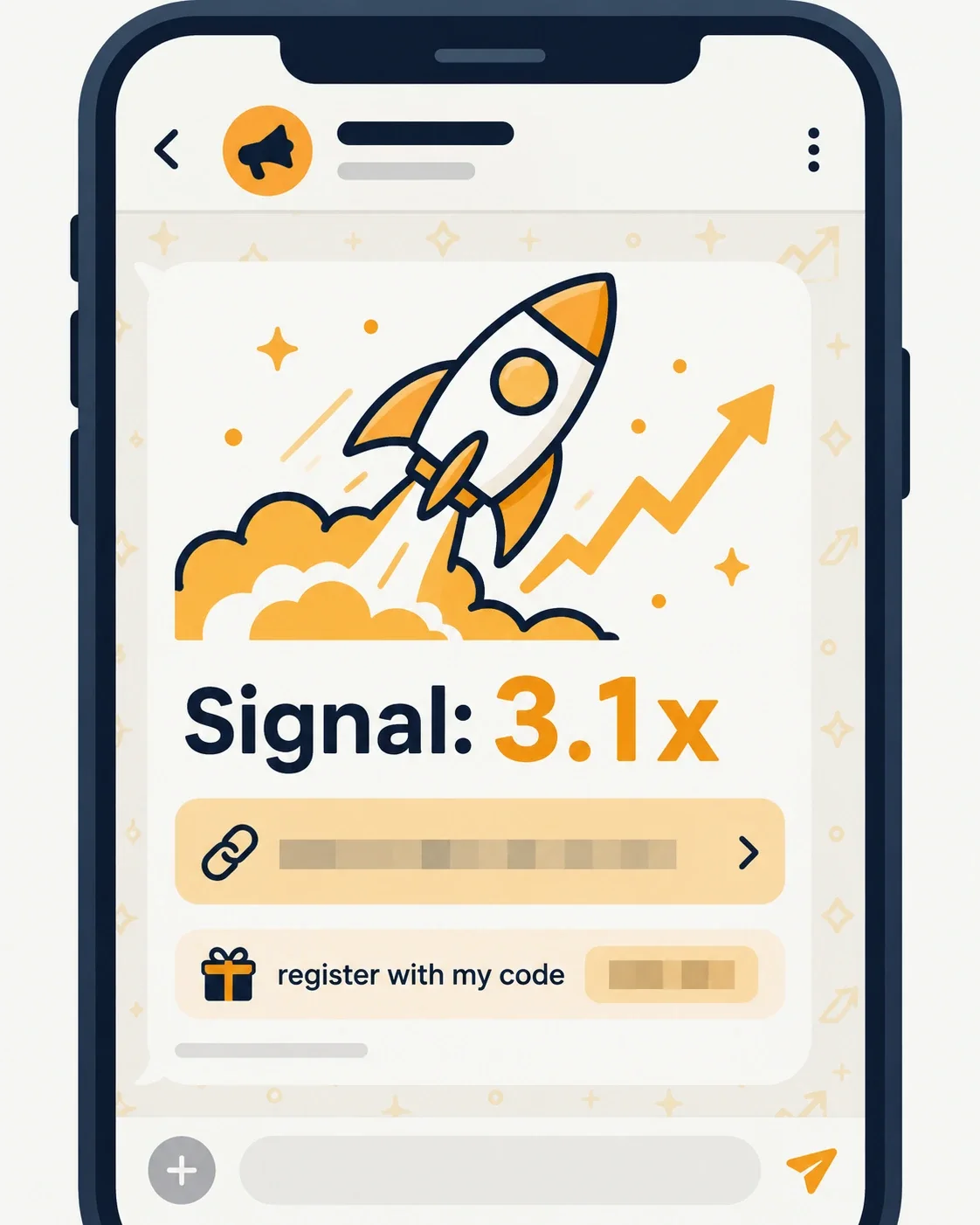 Mockup of a Telegram Aviator signal group message pushing a referral registration link