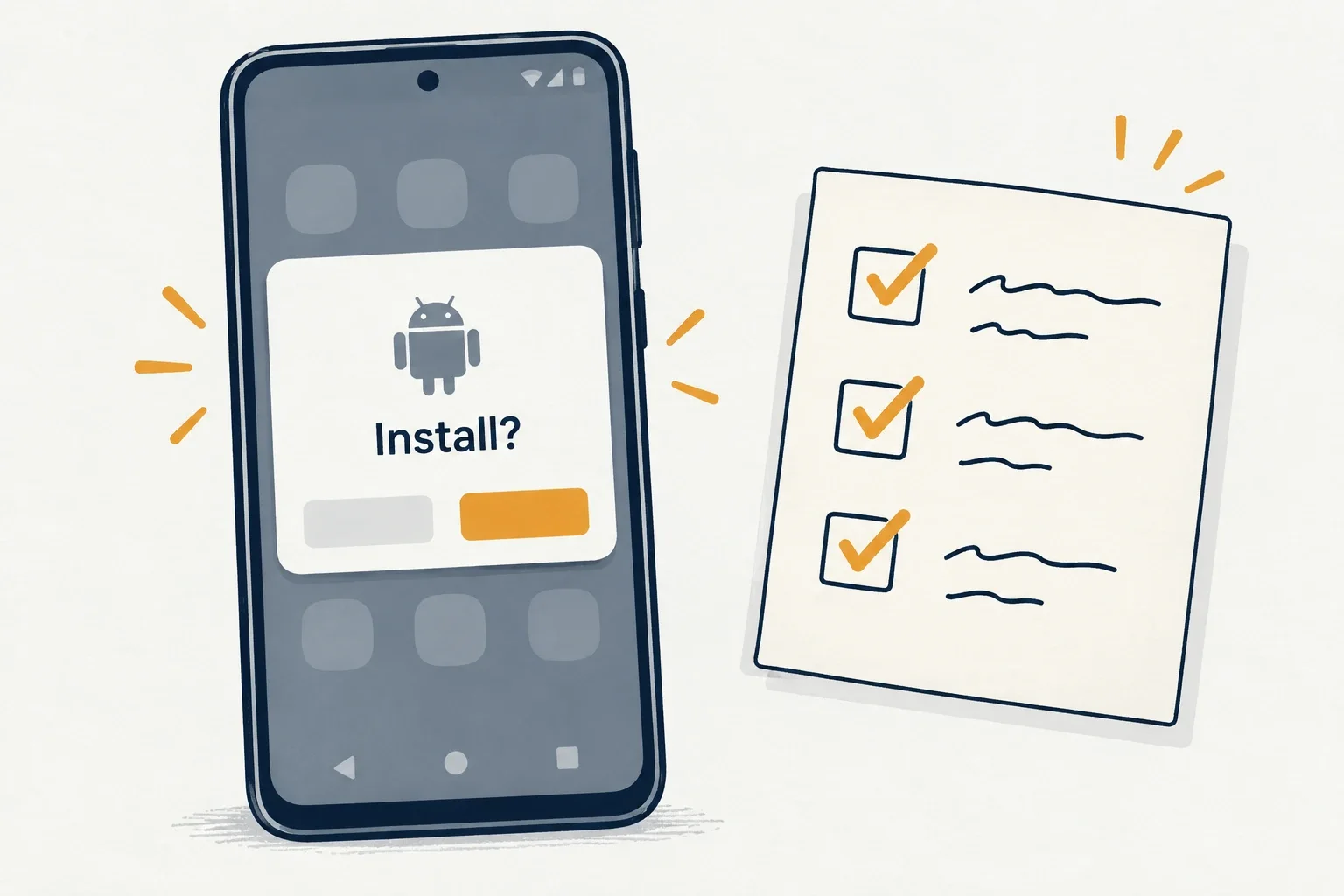 Android phone showing the install-from-unknown-sources prompt for a casino APK, with a checklist beside it