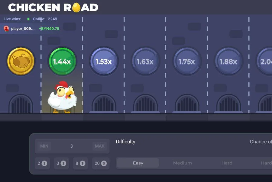 Chicken Road screenshot: the hen on lane seven with the multiplier reading 2.11x on medium difficulty