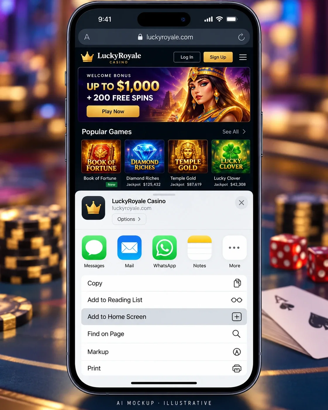 iPhone Safari share sheet with Add to Home Screen highlighted, a casino site open behind it