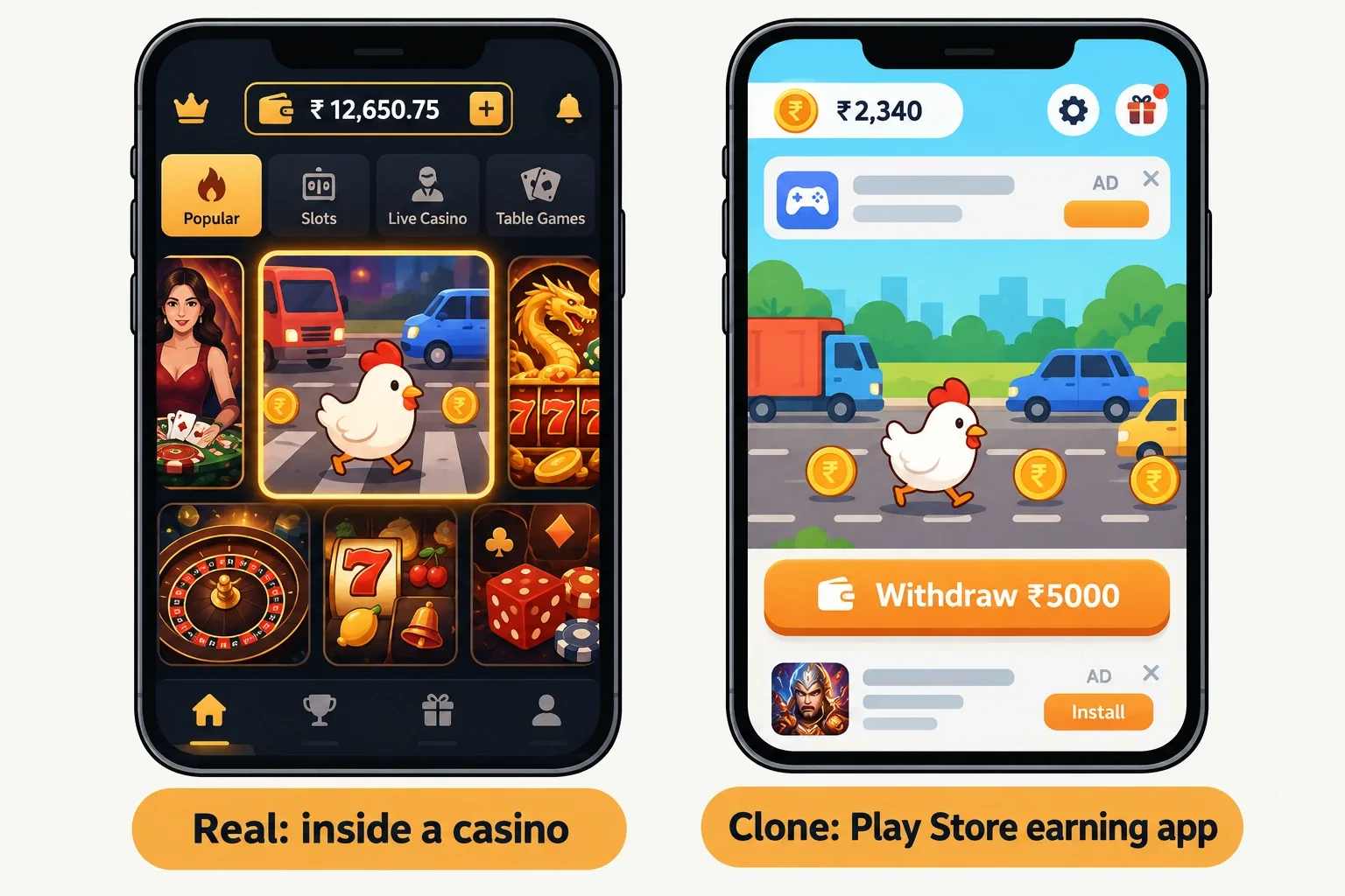 Side by side: the real Chicken Road game inside a casino lobby versus a Play Store earning app clone