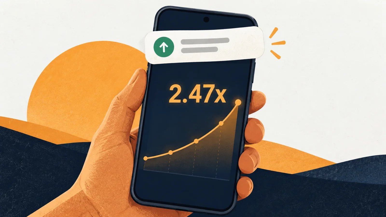 A phone showing the Aviator multiplier curve, with a UPI payment notification above it