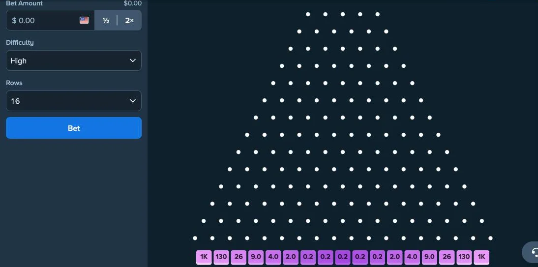 Stake Plinko original on 16 rows, high risk, with the green-to-red multiplier buckets along the bottom