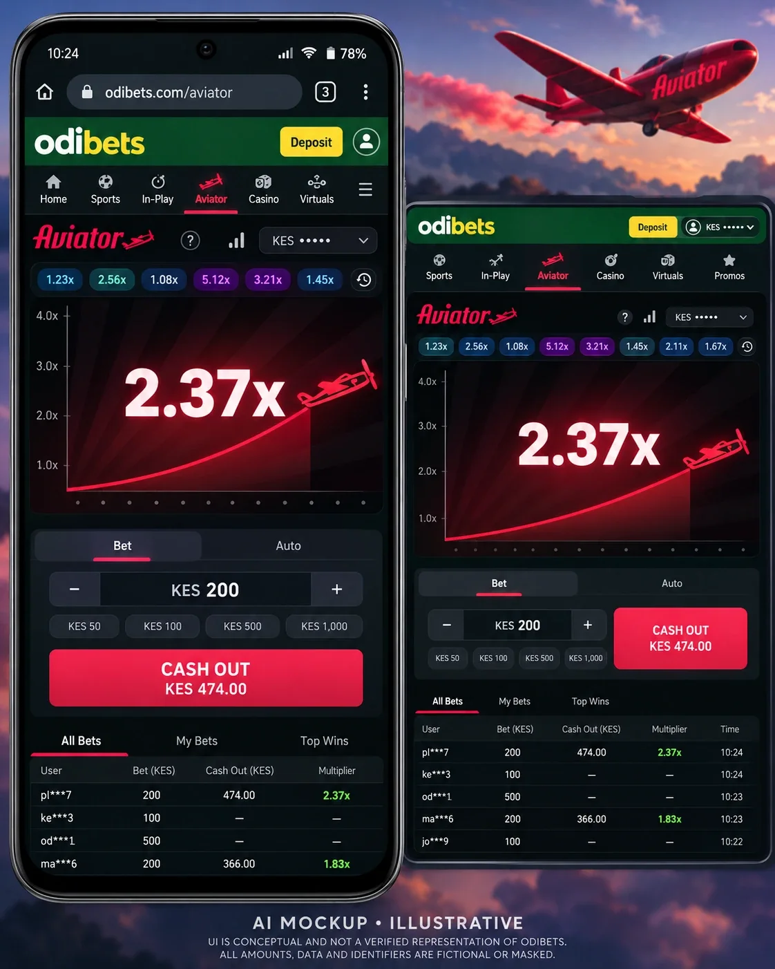 Odibets Aviator page on a phone showing the game frame and the Aviator tab in the menu