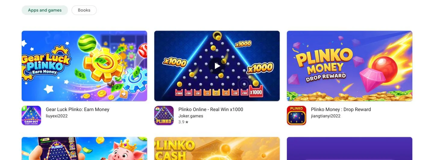 Google Play search results for plinko earn money, the earning-app clones that flood Kenyan phones