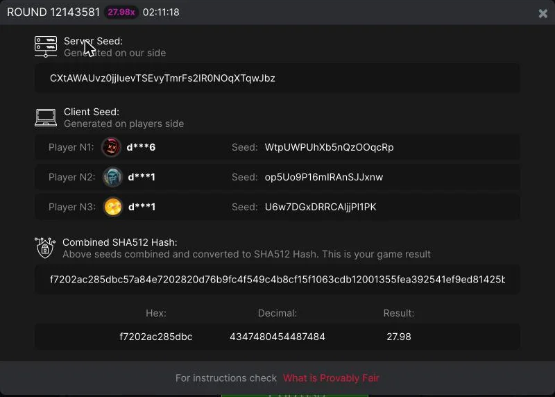 The provably fair panel in Aviator showing server seed, client seeds and the round hash