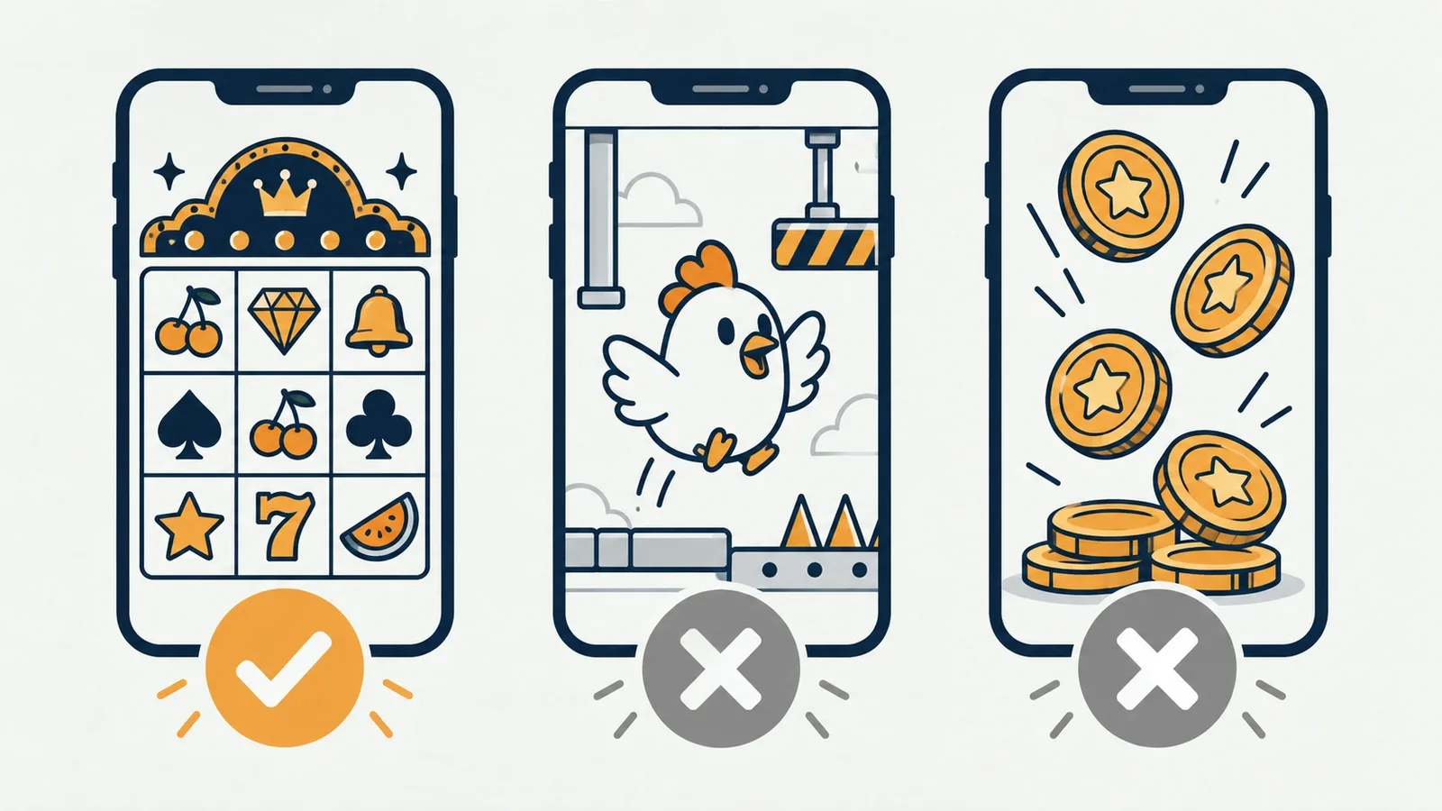 Table-style graphic comparing a casino app, a casual lookalike and an earning app